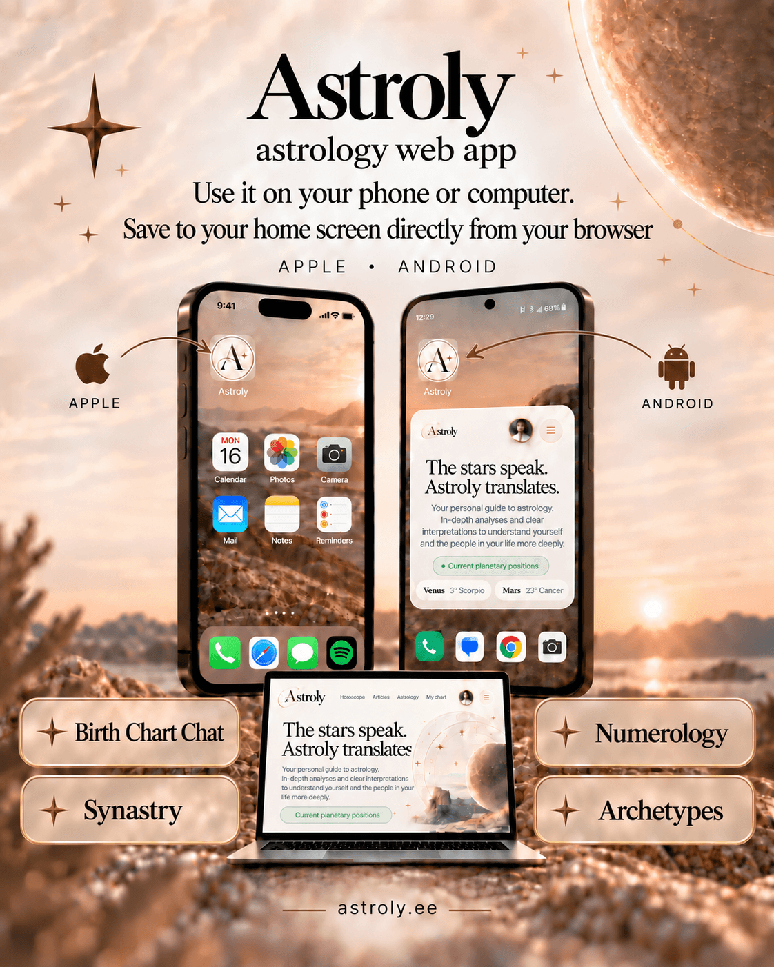 Веб-приложение Astroly на iPhone, Android-телефоне и ноутбуке, с иконкой на главном экране.