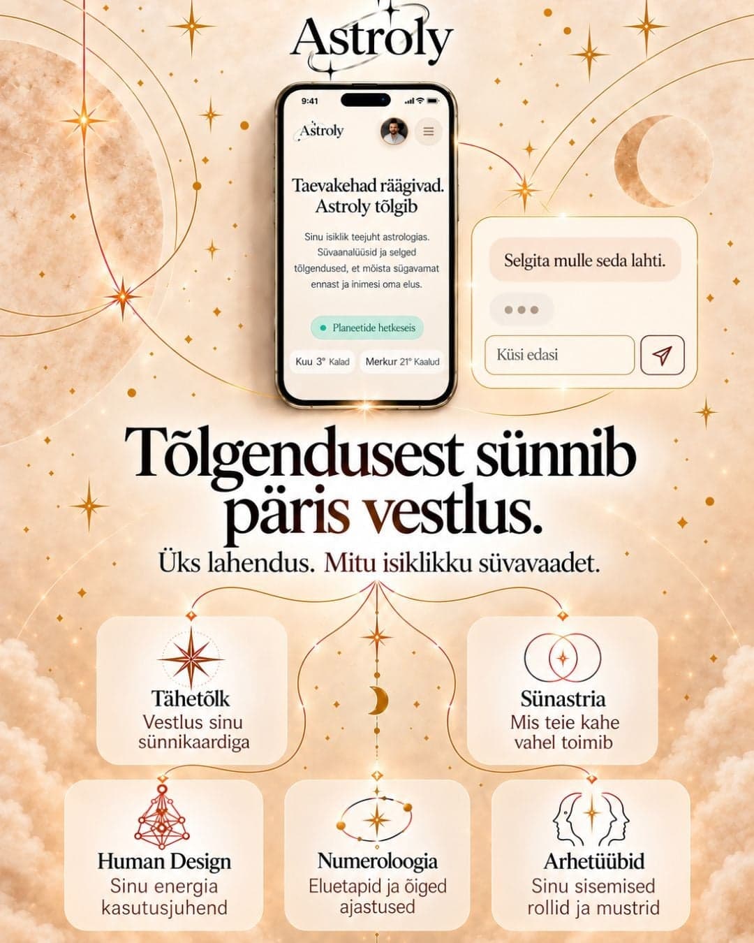 Astroly rakendus telefonis ja selle osad: Tähetõlk, Sünastria, Human Design, Numeroloogia ja Arhetüübid.
